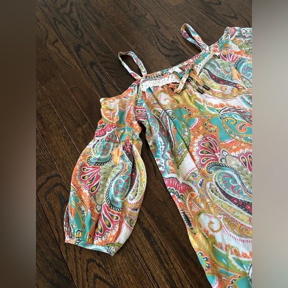 SPENSE Women’s S Orange Boho Paisley Off-The-Shoulder Puffed Sleeved V-Neck Top - Picture 2 of 11